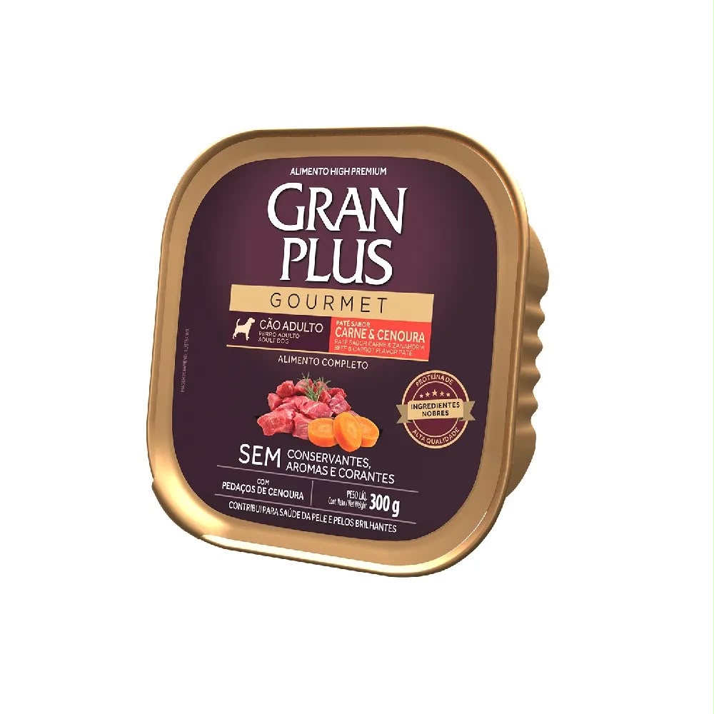 Embalagem tipo bandeja (patê) GranPlus Gourmet para cão adulto, sabor carne e cenoura, 300 g, com moldura dourada, em fundo branco.